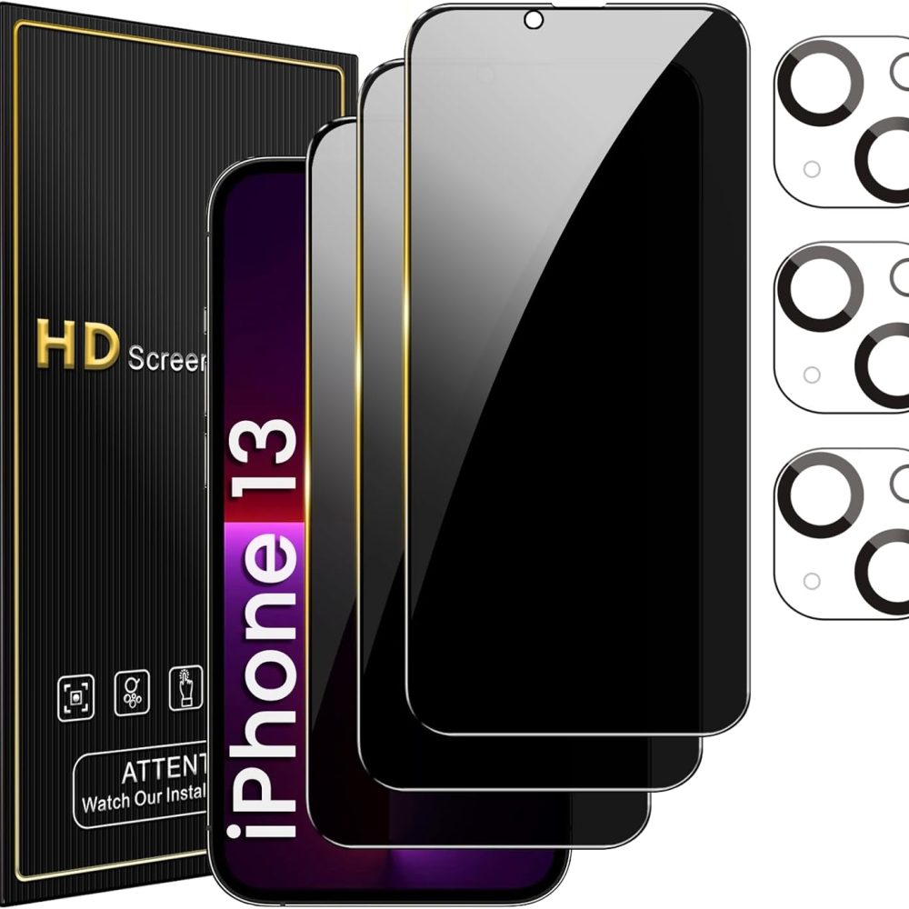 3 Pack Privacy Screen Protector for iPhone 13 6.1 Inch with 3 Pack Camera Lens Protector, Anti Spy Tempered Glass Film, Anti-Scratch, Touch Sensitive, Case Friendly