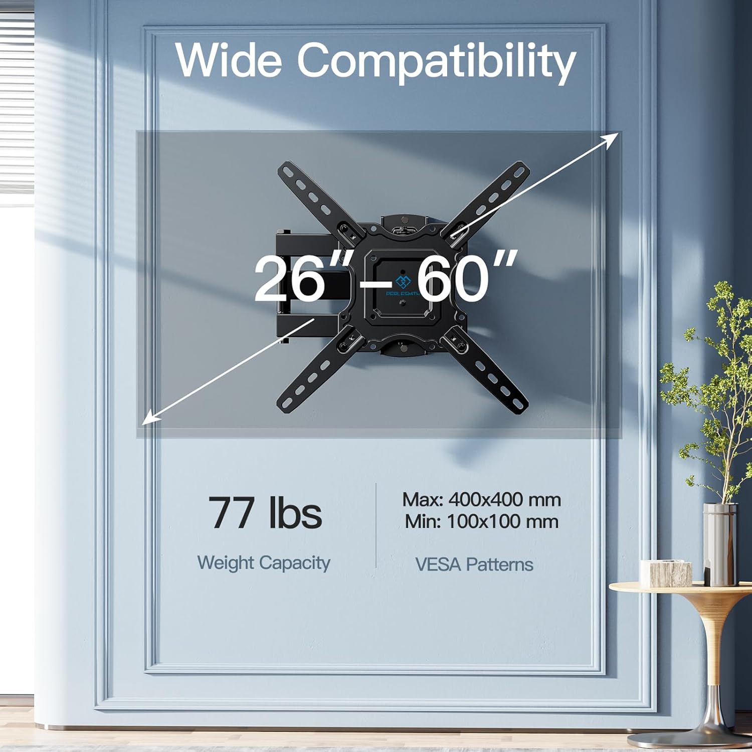 PERLESMITH UL Listed Full Motion TV Wall Mount for Most 26-60 inch Flat Curved OLED 4K TVs up to 77lbs, Wall Mount TV Bracket with Swivel & Extension Arm, Tilt, Leveling, Max VESA 400x400mm, PSMFK12 - Image 3