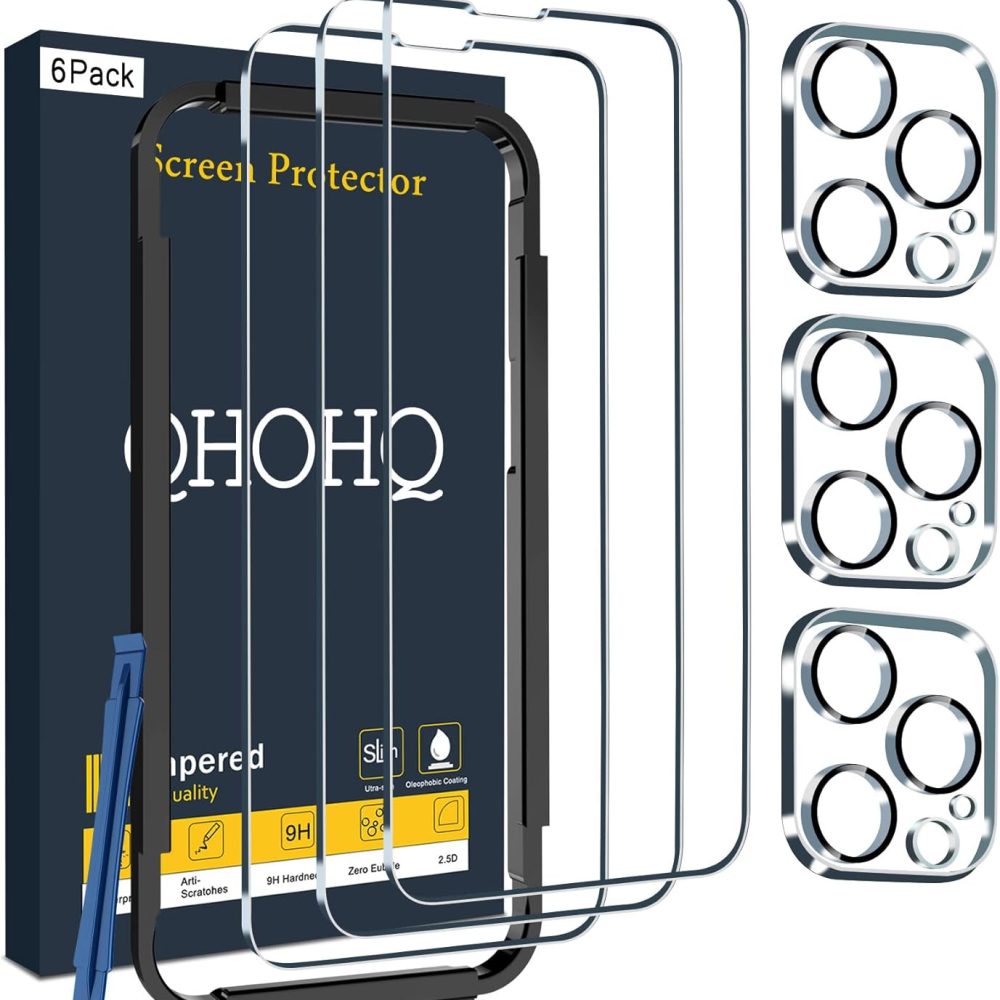 QHOHQ 3 Pack Screen Protector for iPhone 14 Pro Max 6.7 Inch with 3 Pack Tempered Glass Camera Lens Protector, Ultra HD, 9H Hardness, Scratch Resistant, Case Friendly
